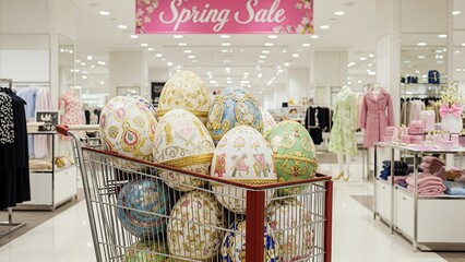 Ornate Easter eggs in a cart inside an upscale department store with a Spring Sale banner, concept for luxury retail advertising, seasonal promotion and holiday shopping events