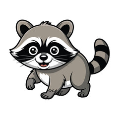 A charming cartoon depiction of a raccoon with a distinctive mask and striped tail is shown happily.