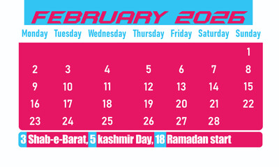 February monthly calendar 2026