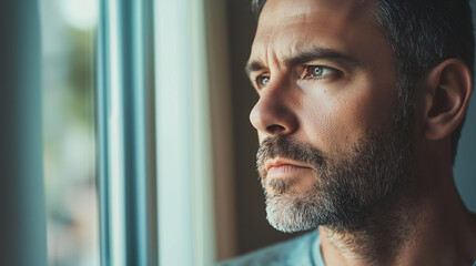 Thoughtful man looking out the window indoors, calm reflection, decision making and emotional state concept with copy space.