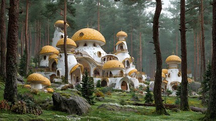 Whimsical mushroom-capped dwellings built on a hill amidst a tall, dense forest