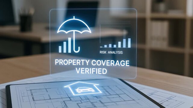 Property coverage verified risk analysis with digital umbrella and bar chart icons over architectural blueprint and tablet, symbolizing insurance protection and comprehensive coverage assurance