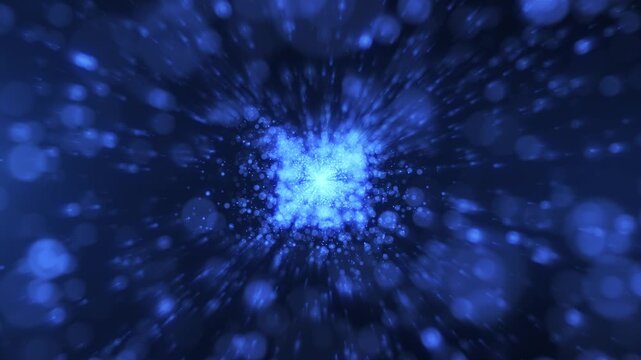 Blue glowing particles explode from the center, abstract cosmic tunnel with bokeh lights, dynamic futuristic background for technology, data and sci-fi visuals.