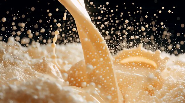 A close-up commercial-style video featuring thick white milk being poured over banana ice cream, emphasizing natural textures