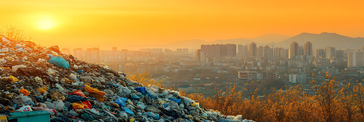 Conceptual representation of landfill pollution with a garbage dump prominently situated in a city landscape wide banner - orange background