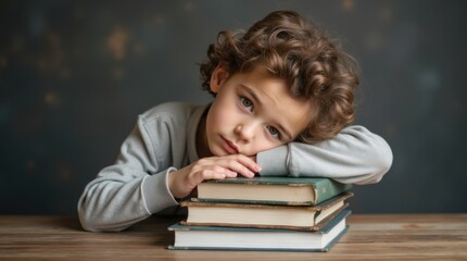 Tired schoolboy resting chin on tall stack of books
