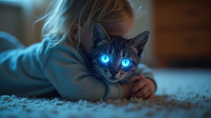 Toddler hugging small electronic cat with glowing blue digital eyes
