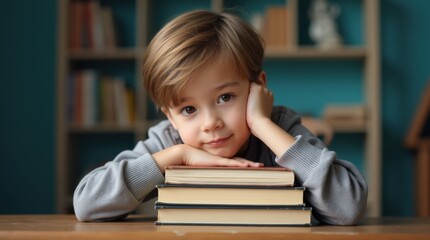 Tired schoolboy resting chin on tall stack of books
