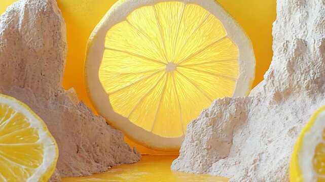 Lemons and bright lemon slices creating a vibrant display on a textured yellow white platform, accentuating a large backlit citrus segment with abstract white formations