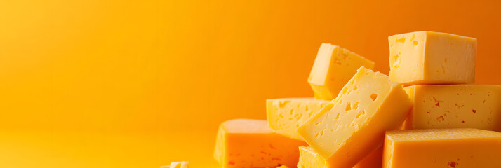 Cheddar cheese production happening efficiently in a modern factory - the industrial side of food processing wide banner - orange background