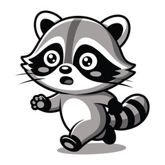 A charming cartoon raccoon character is playfully walking forward showcasing its distinctive mask and striped tail.