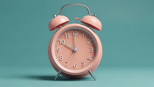 A pink alarm clock with two bells on a teal background set to a specific time with its hands in a particular position