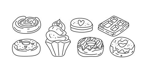 Baked goods, confectionery, sweets. Cake, waffle, bun, cupcake. Heart-shaped donut, cream pie. Set of linear icons, drawing, doodle. Dessert Day. Bakery. Ready-made food, dessert. Isolated background.