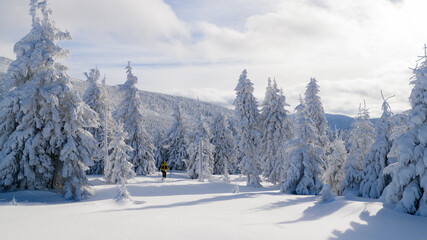 Beautiful Winter Mountain Scenery with Man on Snowshoes , Aerial