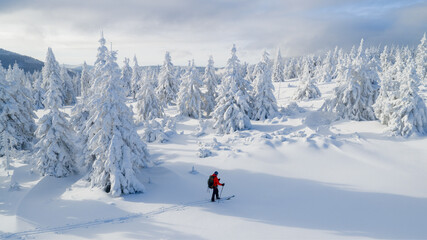 Beautiful Winter Mountain Scenery with Man on Cross-Country Skis , Aerial View