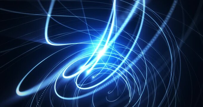 Abstract blue energy lines and glowing light trails swirl in dynamic motion, futuristic technology background with luminous particles and smooth flow.