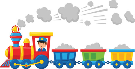 Colorful cartoon steam train vector illustration with happy conductor driving red locomotive pulling cargo wagons isolated on white background for kids © Laxman