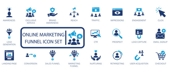 Online marketing funnel icon set featuring lead generation, conversion optimization, sales funnel stages, customer acquisition, retargeting, and digital marketing strategy symbols.