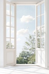 Open white window revealing luminous blue sky, wispy clouds, glowing moon, framed by verdant trees and sparkling light, bridging interior and exterior landscapes
