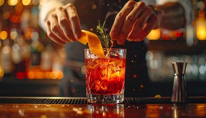 Bartender crafting a Negroni cocktail with orange peel and rosemary.
