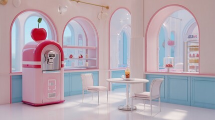 Whimsical pink bakery/cafe interior with curved arches and retro aesthetic