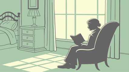 Woman relaxing in cozy bedroom reading a book by window