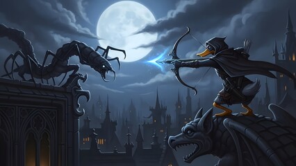 Mysterious Archer Battles Dragon Under Full Moon