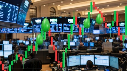 Candlestick stock chart with green eggs overlay busy trading floor and stock analysts working at monitors, concept for investment strategy, financial analysis and market growth