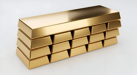 Stack of shiny gold bars arranged in a pyramid formation on a white background metallic