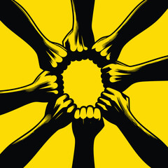 Diverse hands in a circle symbolizing unity and teamwork graphic illustration for concepts of community and support isolated on yellow background