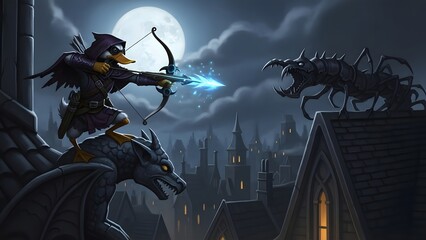 Mysterious Archer on a Rooftop at Night