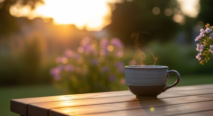 A steaming cup of coffee on a wooden table in a garden setting with a sunset in the background.