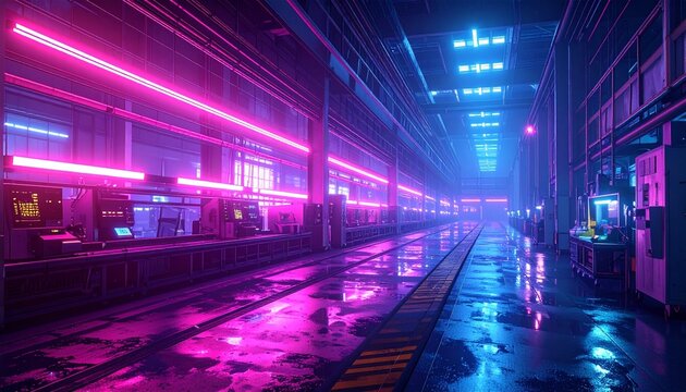 Cyberpunk Cityscape with Neon Lights and Wet Reflections.
