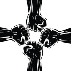 Four clenched fists in a circle symbolizing unity and protest vector illustration for social movements and teamwork concepts isolated on white background