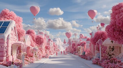 Whimsical pink town with heart-shaped balloons, fluffy trees, and snow-covered buildings under a blue sky