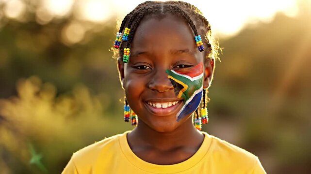 Smiling child with face paint in sunny outdoor setting