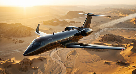 Sleek carbon fiber private jet flying over desert mountain landscape at sunset, luxury aviation and executive travel concept.