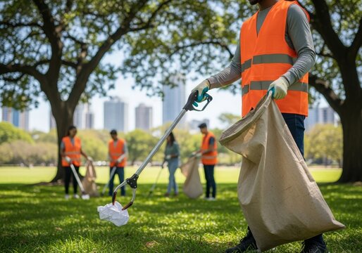 Volunteers picking up litter during community park clean-up