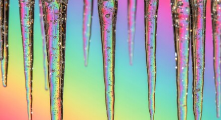 Colorful icicles shimmering with vibrant rainbow hues against a softly diffused background
