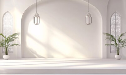 Peaceful Ramadan Background with Minimalist Arched Windows and Soft Shadows