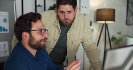 Night, men or meeting in office with computer for research, discussion or data analytics report. Late, analyst or business people in workplace with tech for conversation, stats info or budget review. - Powered by Adobe