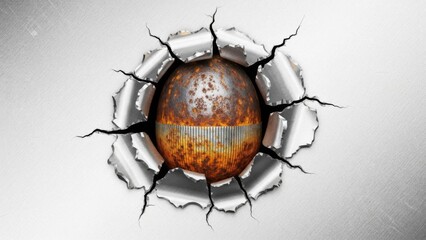 Metal Sheet Impact: Bullet Hole with Rusted Sphere