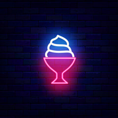 Ice cream in bowl neon icon. Vanilla sweet dessert. Frozen milky product. Glowing candy shop. Editable stroke. Vector stock illustration