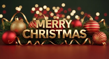 Christmas-themed decorations with a red and gold color scheme, including baubles, ribbons, and a festive message.