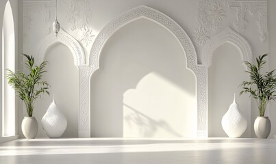 Minimalist Modern Mosque Interior with Elegant Arches and Natural Sunlight