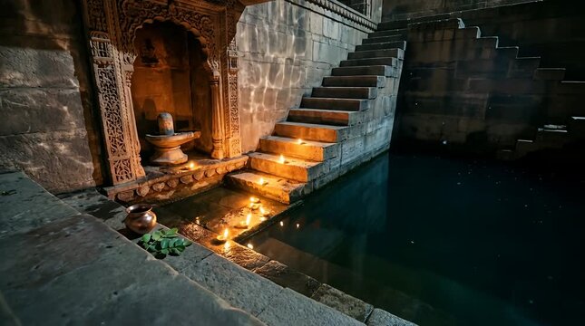 Hidden Shiva Shrine Niche in Rajasthan Stepwell at Night, Stone Steps to Dark Water, Lingam Alcove, Diya Oil Lamps, Mirrored Ripples and Water Caustics