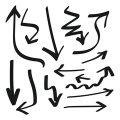 A collection of hand-drawn, sketchy arrows pointing in various directions and styles, including curved, straight, wavy, and circular designs.