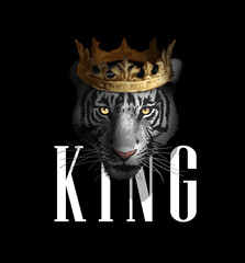 king slogan with black and white tiger face in golden crown vector illustration on black background