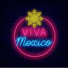 Viva Mexico neon sign. Glowing advertising. National sun symbol. Mexican traditional holiday. Circle frame. Independence day. Culture event. Vector stock illustration