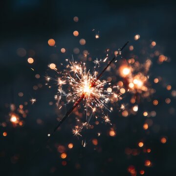 A single lit sparkler against a dark, blurred background, with a bokeh effect.